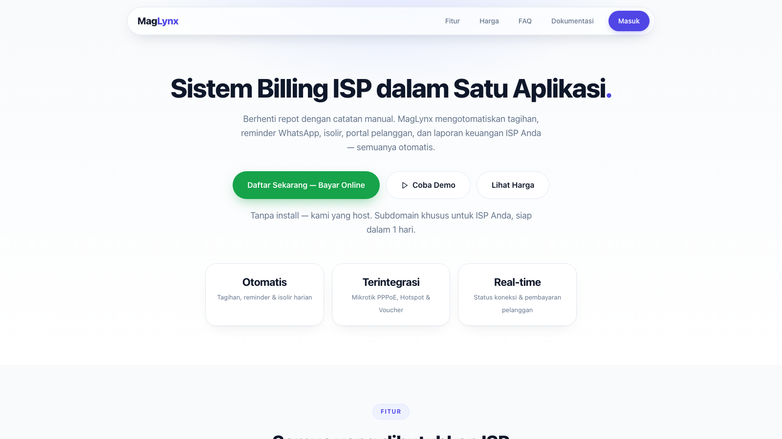 MagLynx landing page — Sistem Billing ISP dalam Satu Aplikasi