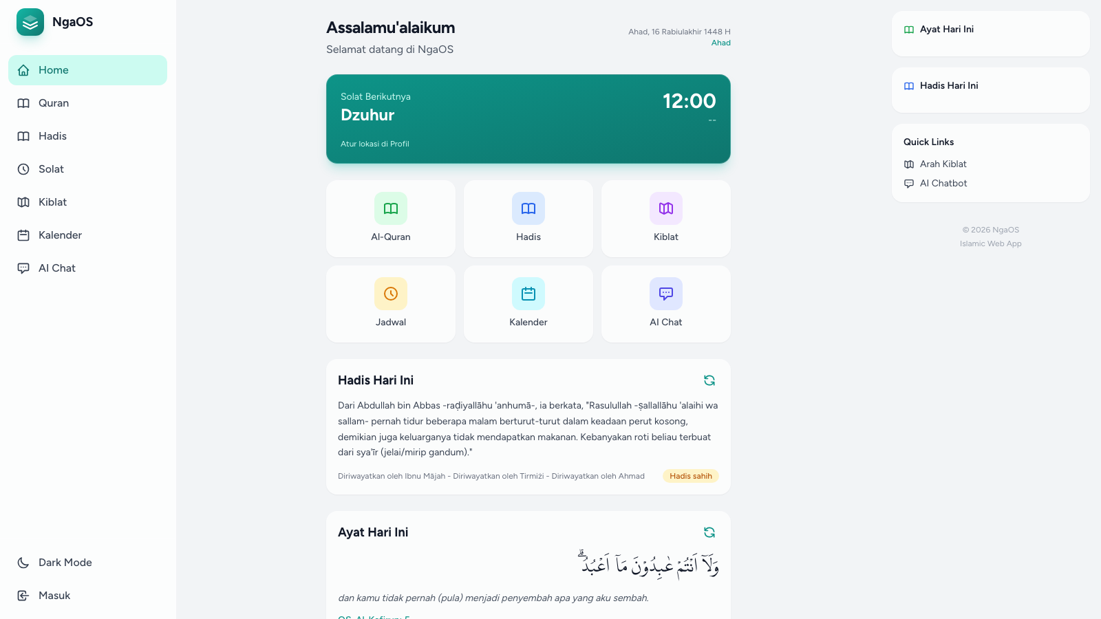 NgaOS dashboard — prayer times, Al-Quran, Hadis, Qibla, AI Chat